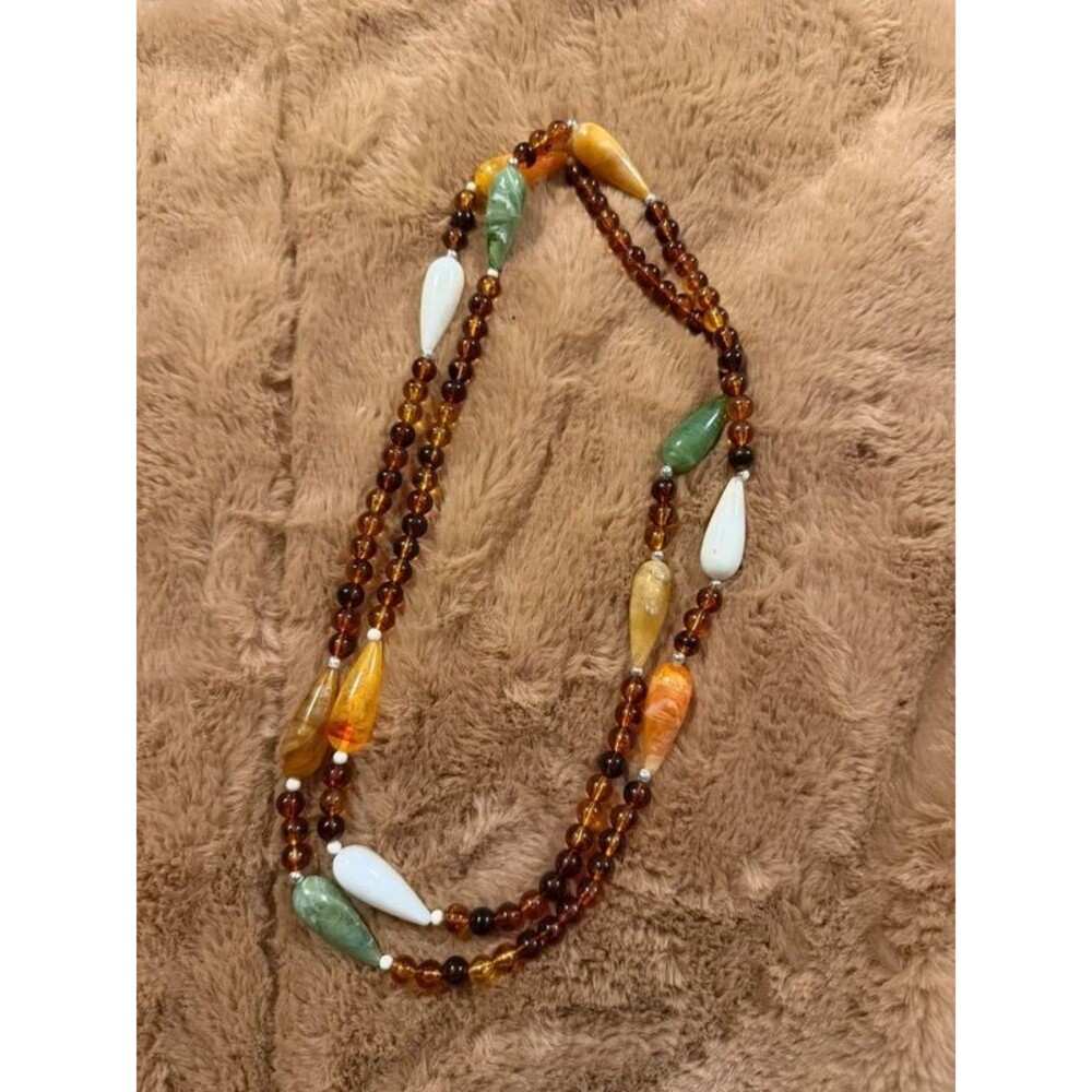 Vintage Mixed Bead Statement Necklace - Amber, Green & Cream Drops